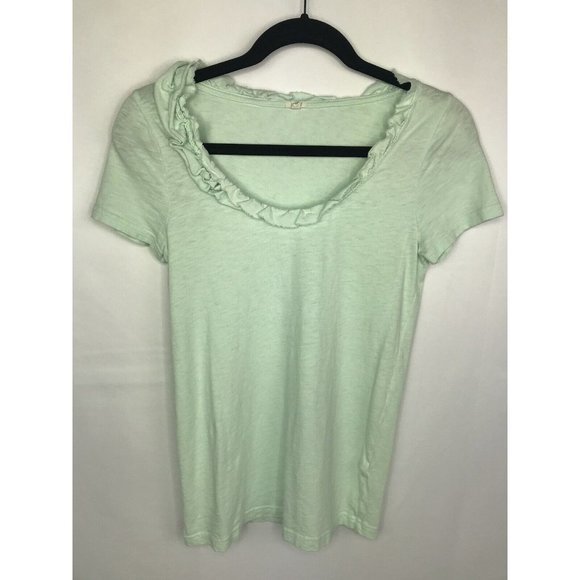 J. Crew Tops - J. Crew Small Ruffle Top Mint Green Knit Short Sleeve Scoop Neck Cotton Stretch